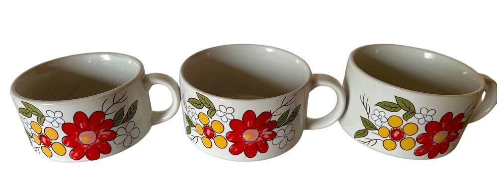 Vintage 1970s Floral Ceramic Soup Mugs Set of 4 Retro Mid Century Flower Power